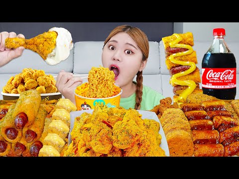 뿌링클 전메뉴 먹방 MUKBANG BHC BBURINKLE FRIED CHICKEN 뿌링클치킨 뿌링핫도그 치즈볼 EATING REAL SOUND HIU 하이유 