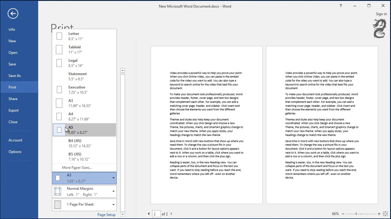 How to print two A5 pages on single A4 page in Word