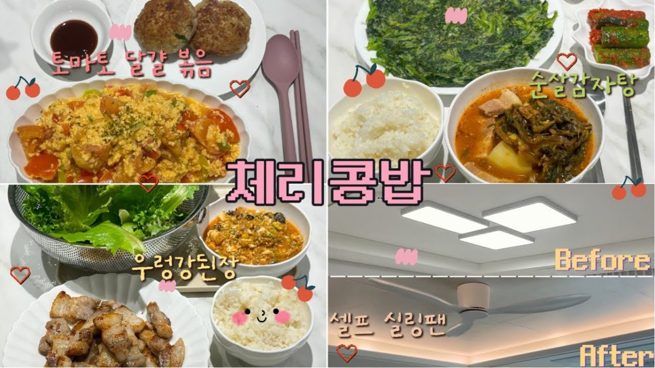 집밥 VLOGㅣ삼겹살로 감자탕 만들기✌️/순살감자탕/ 미나리전/ 토마토 달걀 볶음 / 우렁강된장/ 그릭요거트/ 새우완자탕/ 순두부찌개/ 셀프 천장 인테리어(도배, 실링팬,우물천장)