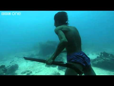 hombre de pesca andando bajo el mar, increible! Human Planet Oceans BBC HD 1080