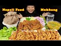 Nepali food mukbang eating dhido with spicy chicken feet salad buffalo tripeinnards eating show