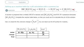 Aleks Setting up a reaction table for a pH calculation with a common ion