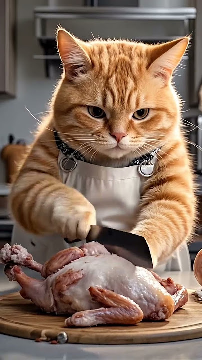 Chubby Orange Cat Cooks Chicken in the Cutest Way! #OrangeCat  #CookingCat #OrangeTabby #CatLovers