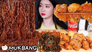 ASMR * BLACK BEAN NOODLES (CHAPAGETTI) SPICY SEASONED FRIED CHICKEN & KIMCHI MUKBANG