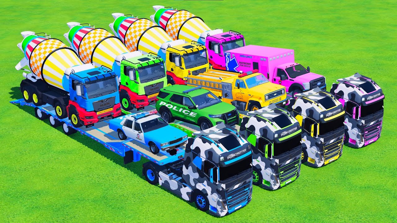 TRUCK with COLORS - CHEVROLET,FORD,AMBULANCE,MIXER with FLATBED TRAILER TRUCK - FS 22 Galaxy Farm