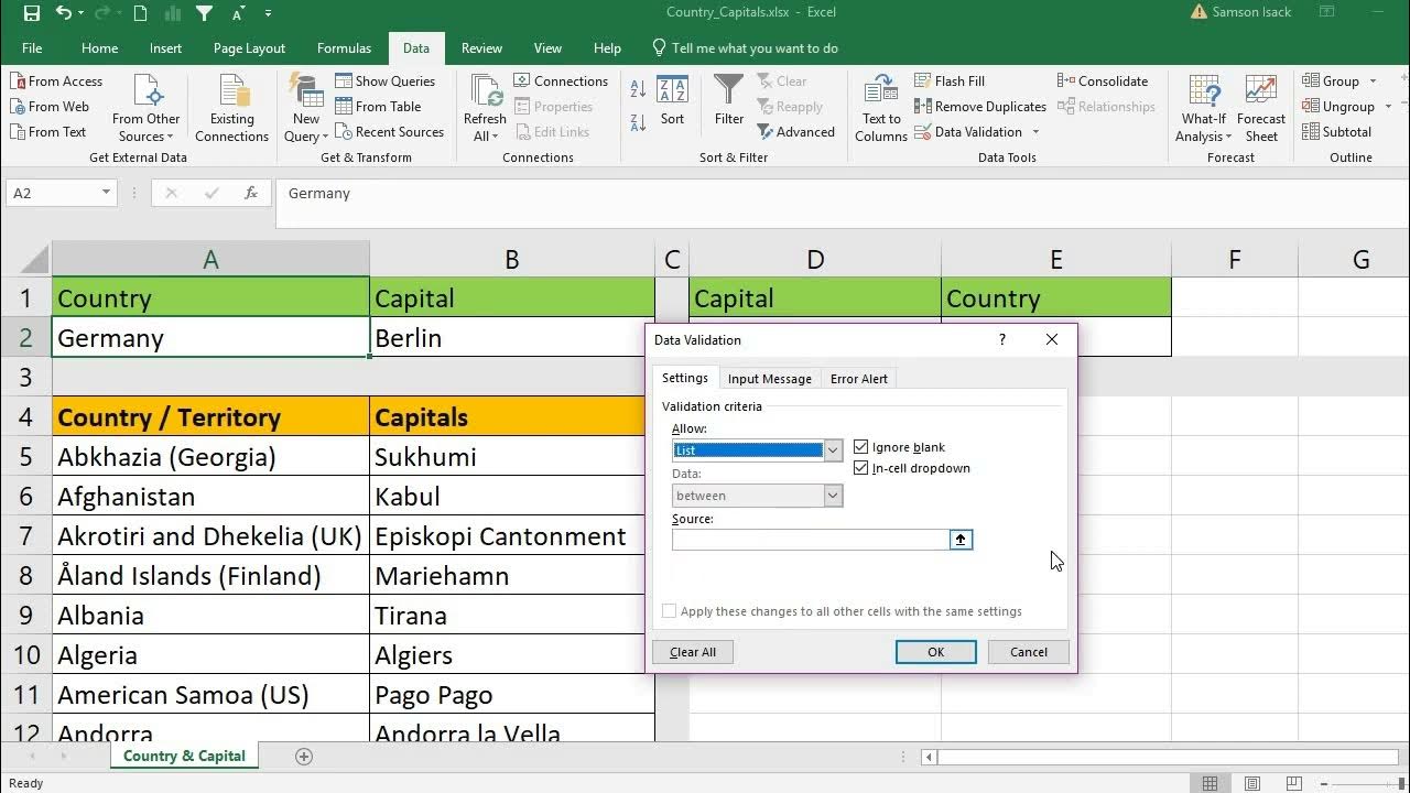EXCEL: How to find capital for countries using VLookup, example-finding ...