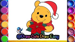🎄 Pooh Holding a Christmas Poinsettia easy Drawing and Coloring for Kids