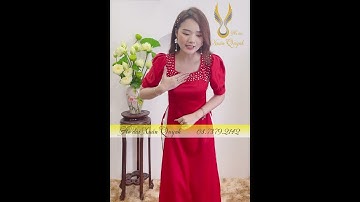 Áo Dài A40 Đỏ, Tây Thi Cổ Vuông Tay Bồng Đính Ngọc Trai Sang Trọng -Áo Dài Xuân Quỳnh - 0869.262.442