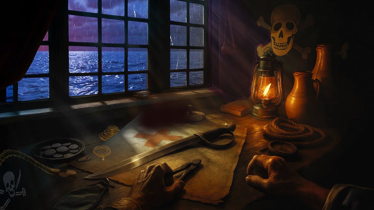 Captain’s Cabin at Sea | Pirate Ship Ambience | Rain, Creaking Wood ...