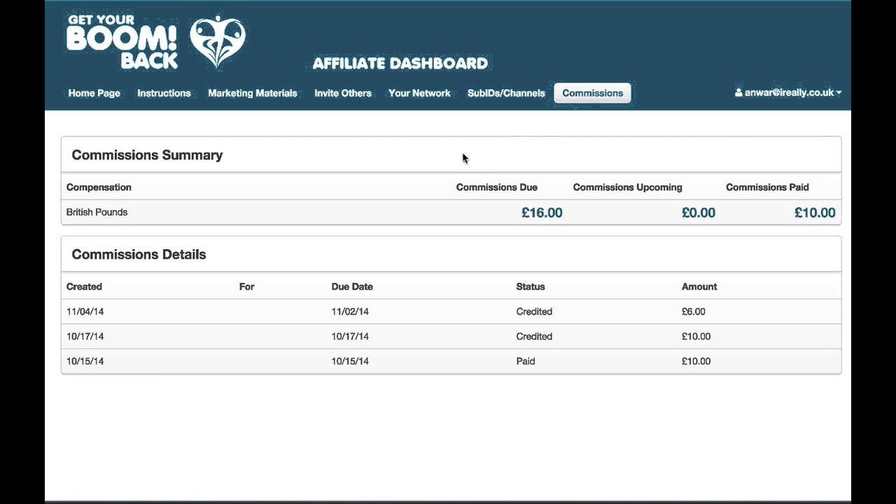 Commissions Tab (get your boom back affiliate dashboard training)