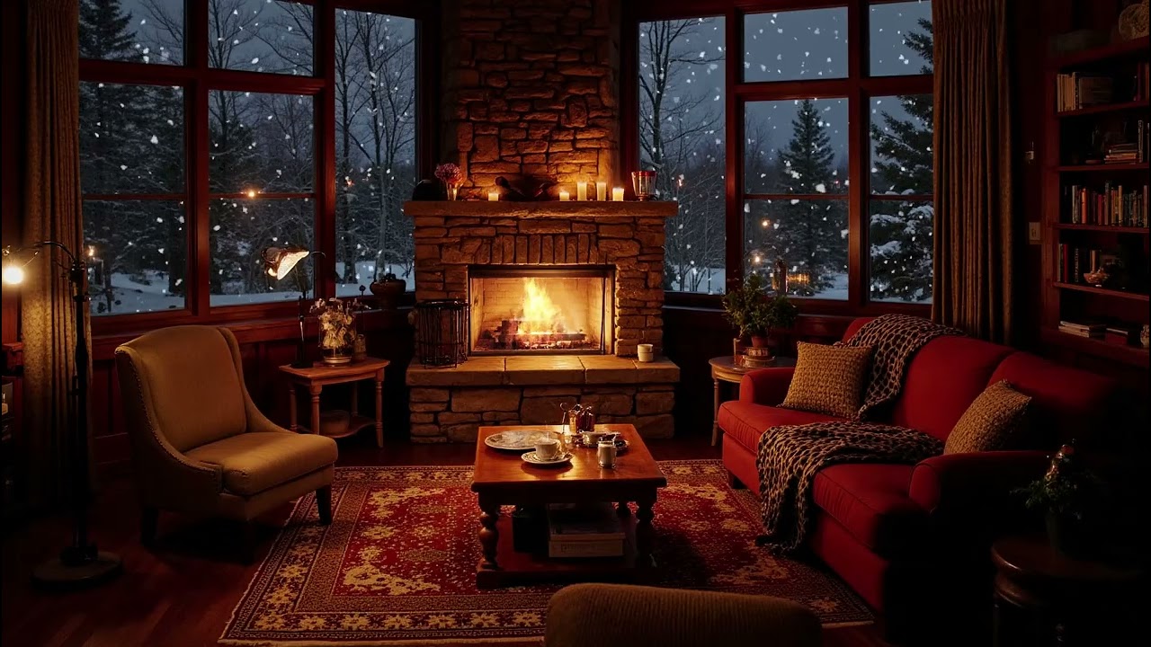 Cozy Winter Cabin Ambience on Snowy Night ❄️ Slow Jazz Music & Crackling Fireplace Sounds for Sleep