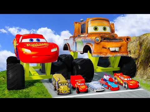 Big & Small, Long & Tall Lightning Mcqueen with Monster Truck Wheels vs Trains | BeamNG.Drive