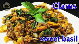 Stir fry clam meat with sweet basil and chili paste Hoi Lai Phad Nam Prik Phao ชาวต่างชาติทำอาหารไทย