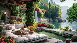 Relaxing Waterfall View by the Lake- Cozy Porch Space in Sunny Day w Bird Sounds & Soft Campfire🌸