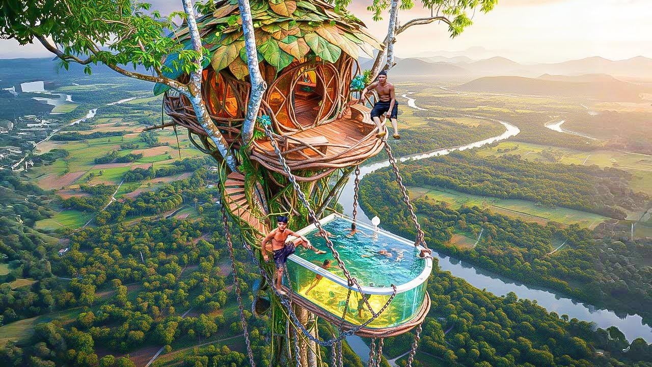 100 Days Building a Hanging Cliff Tree House 100m Above the Ground Using Primitive Tools