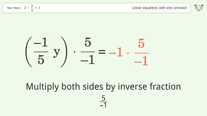 Linear equation with one unknown: Solve 2-y/5=1 step-by-step solution