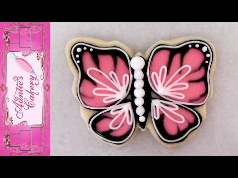 Butterfly Sugar Cookie with Royal Icing. Pink and Black