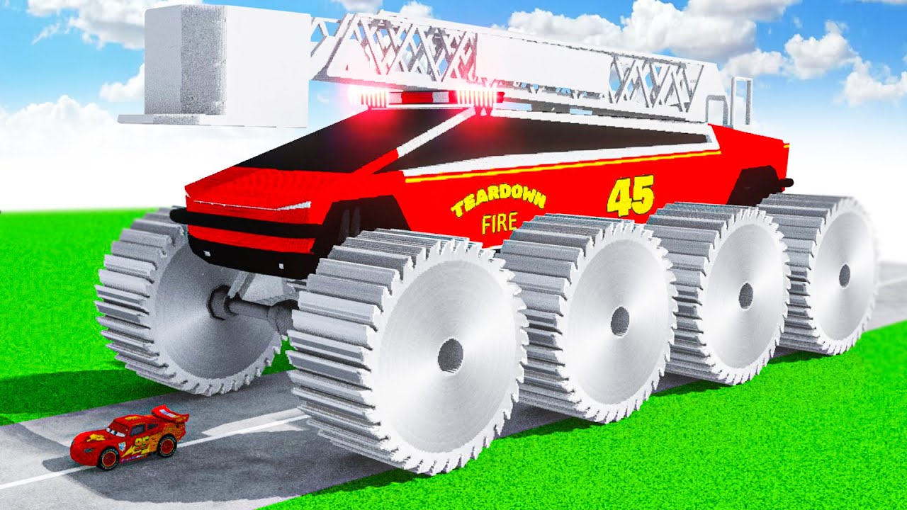 Tesla Cybertruck Transforming to GIANT SAW Fire Truck Tesla BTR BIGFOOT in Teardown!