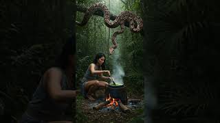 Jungle Survival Cooking With River Rocks  Wild Stew In Tree Trunk Pot  Boa Overhead