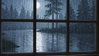 Gentle Midnight Rain Over a Quiet Forest River Seen Through an Old Square Pane Window