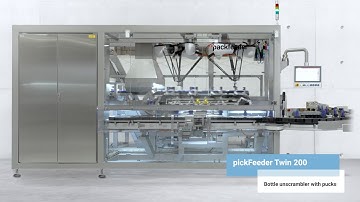 Multiformat robotic bottle unscrambler with pucks for cosmetics  - pickFeeder Twin200