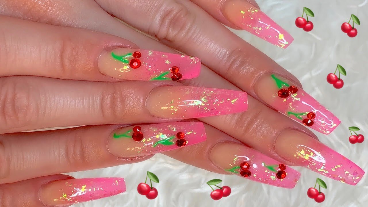 🍒🍒Rhinestone Cherry Pink Jelly Glitter Ombré Acrylic Nails Tutorial🍒🍒