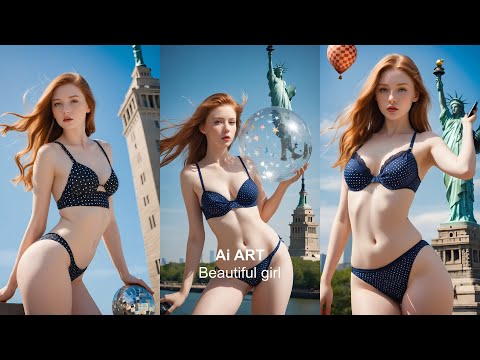 【AI beautiful girl lookbook】Swimsuit model with the Statue of Liberty #beautygirl #lookbook #1