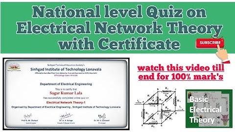 Quiz on Electrical Network Theory with Certificate and Answers|| Quiz on BEE with Certificate #BEE