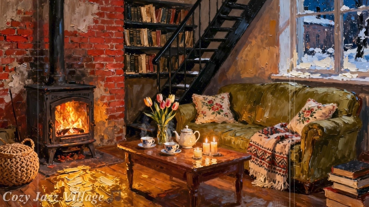 1940s Winter Jazz Living Room ❄️ Cozy Fireplace & Snowy Window | Vintage Old Time Jazz