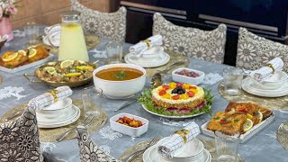 طاولة أول يوم رمضان 🌙حريرة ،سلطة الطبقات الراقية ، طبق رئيسي يحمر الوجه مع شاربات صحية بزاااف منعشة