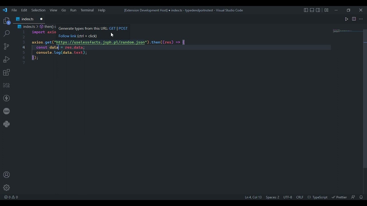 Extension Development Host ● index ts   typedendpoitnstest   Visual Studio Code 2022 06 18 22 26 11