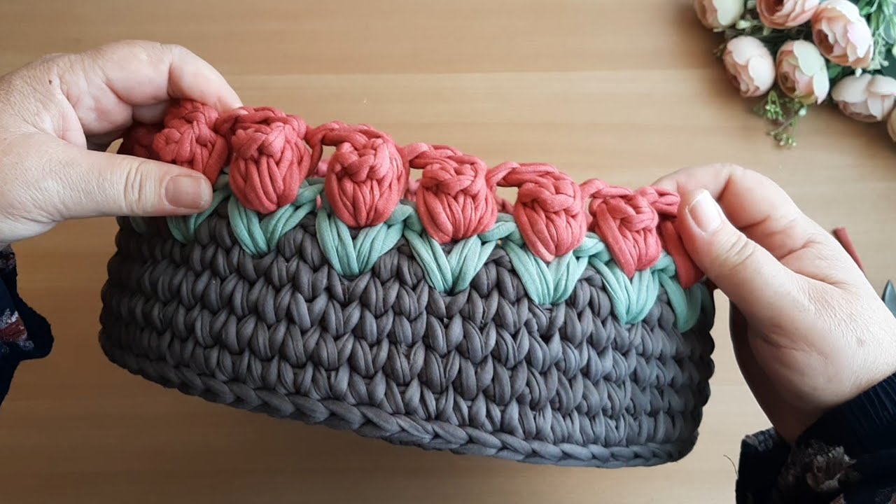 باسكت كروشيه متعدد الاستخدام بغرزة زهرة التيوليب _ بوكس كروشيه الزهور #ozzy_crochet  #crochet