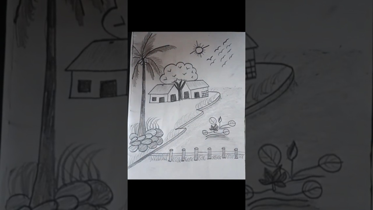How to Draw Village Scenery with Pencil SketchNature Pencil Drawing  for Beginners