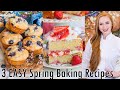3 Easy Spring Recipes: Strawberry Rhubarb Cake, Blueberry Muffins, Strawberry Scones!!
