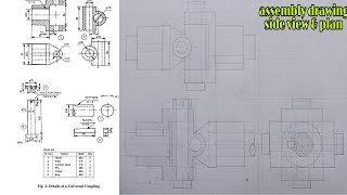 assembly drawing of universal coupling - assembly drawing engineering drawing ( side view and plan)