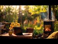 Sunny garden workspace with outdoor stove with cracling fire ambience