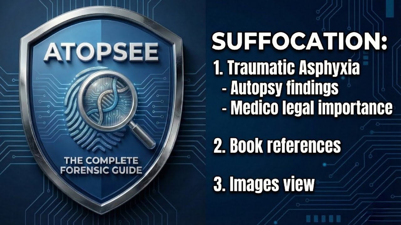 Suffocation: traumatic asphyxia, autopsy findings, Medicolegal importance, book refrences.