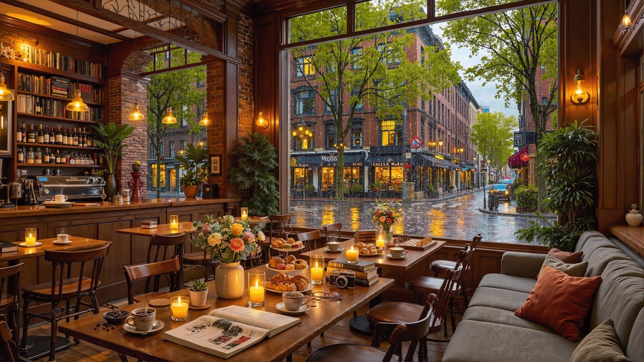 Rainy Spring Jazz at Cozy Coffee Shop Ambience ☕ Relaxing Jazz Piano & Rain Sounds for Work, Focus