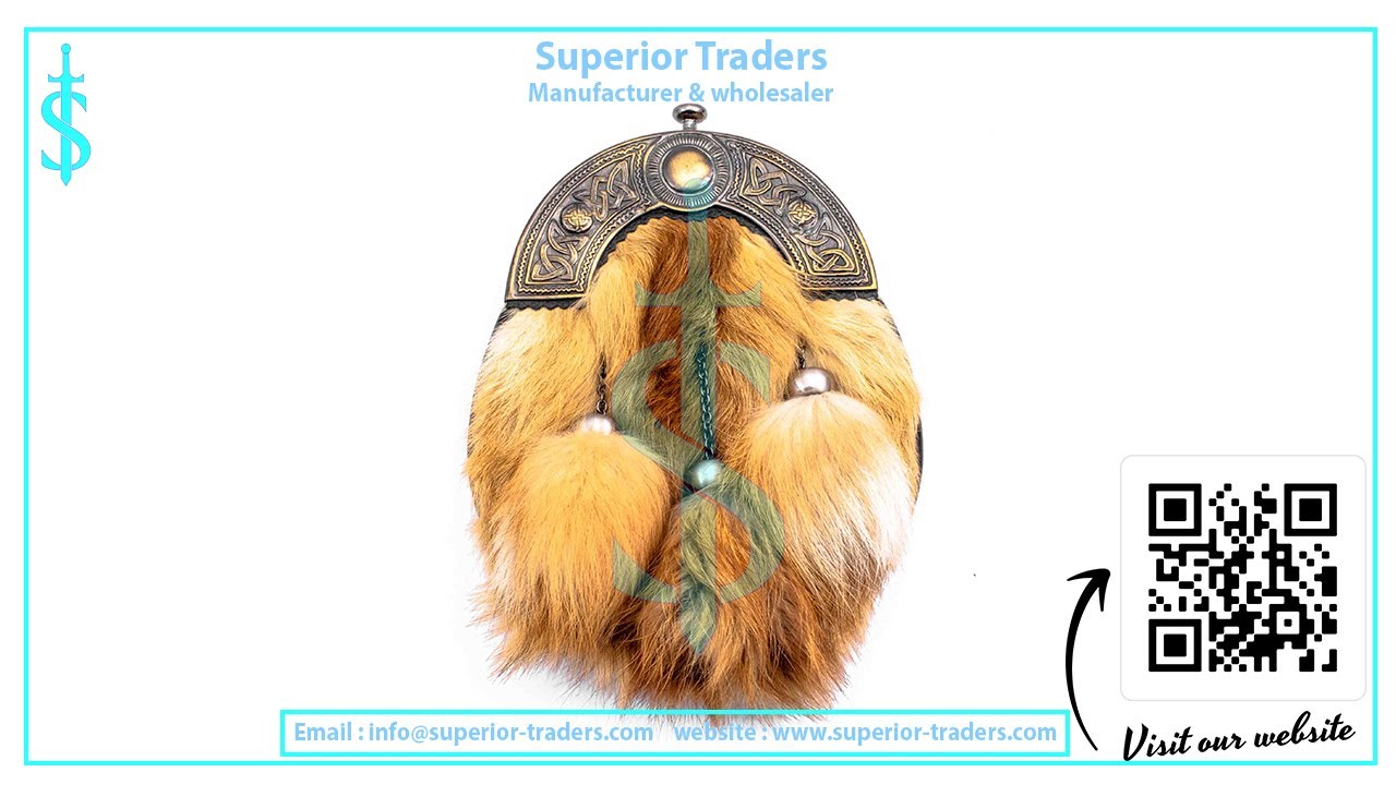 Scottish Sporran with rustic cantle & red fox fur by Superior Traders. Scottish wedding gift