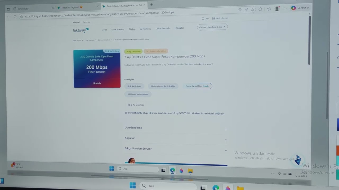 5 Aralık 2025 Türk Telekom mevcut müşteri 200Mbps indirme ve 30Mbps yükleme aylık 955TL