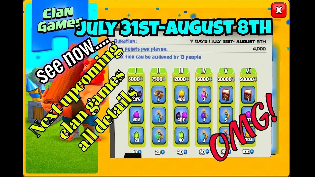 31st July Upcoming Clan Games Rewards Tiers durations All Details Of 
