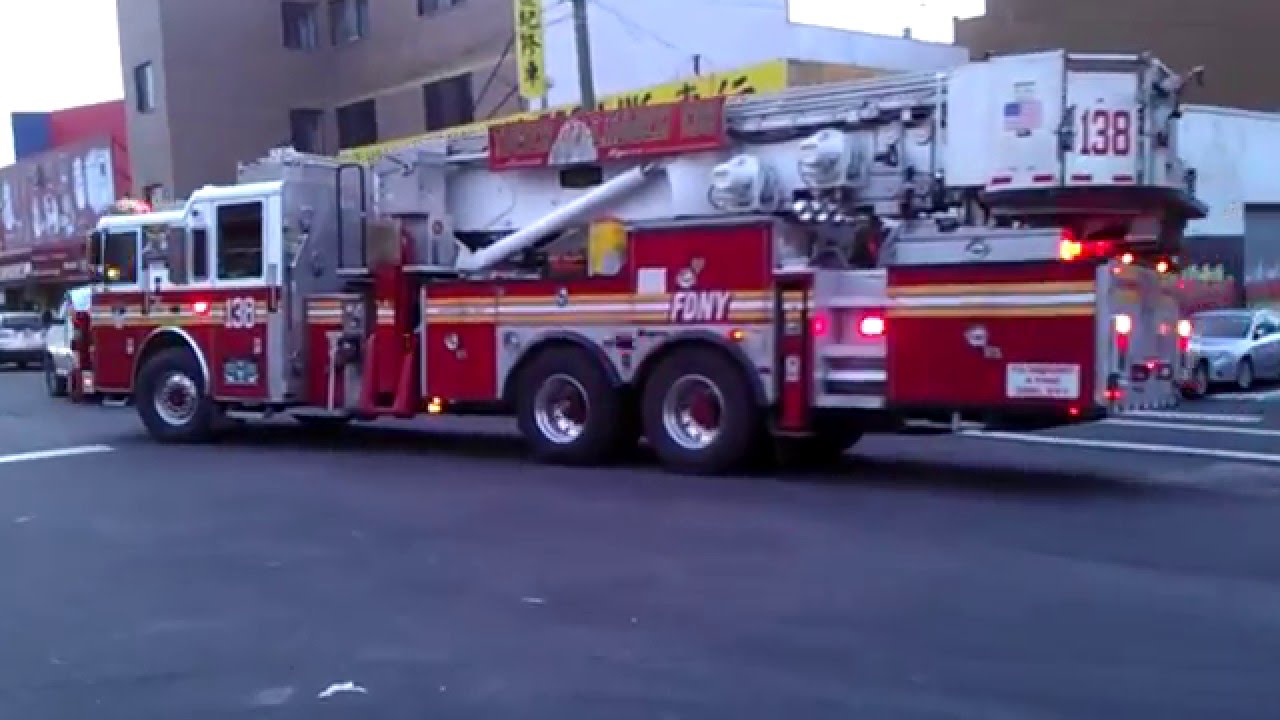 FDNY tower ladder 138 taking up after an gas odor - YouTube