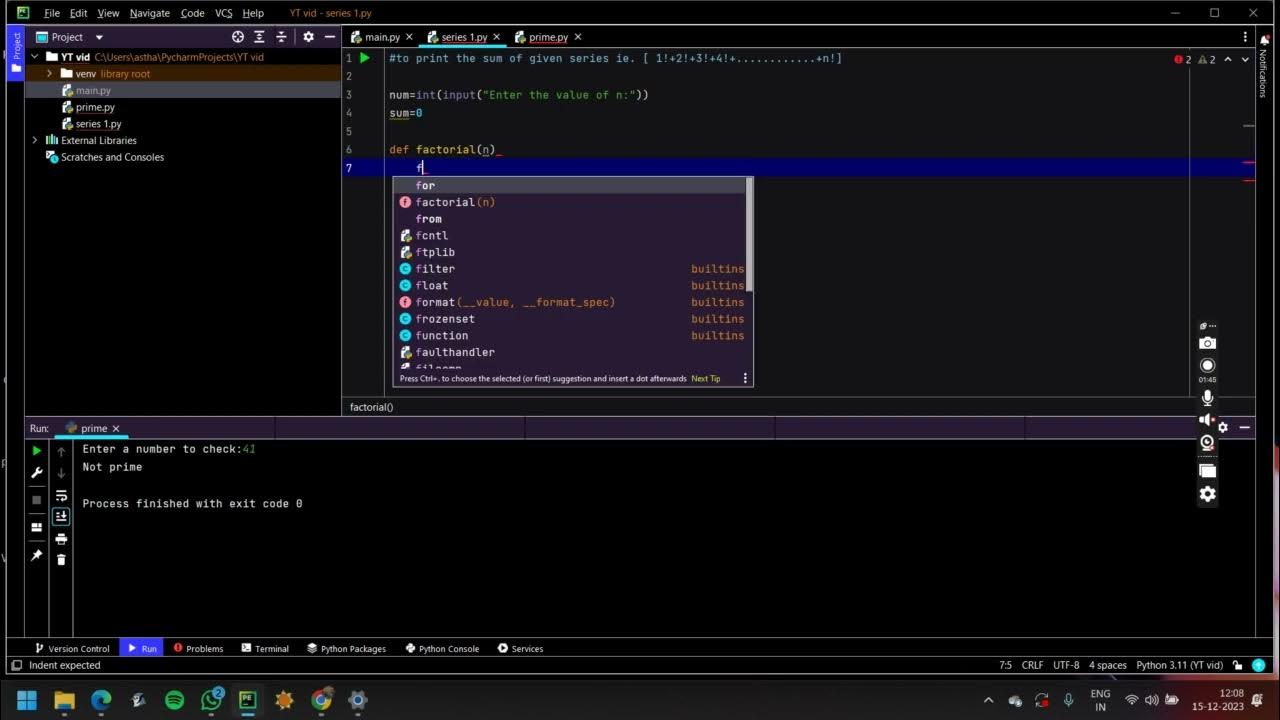 print factorial series using python in pycharm - YouTube