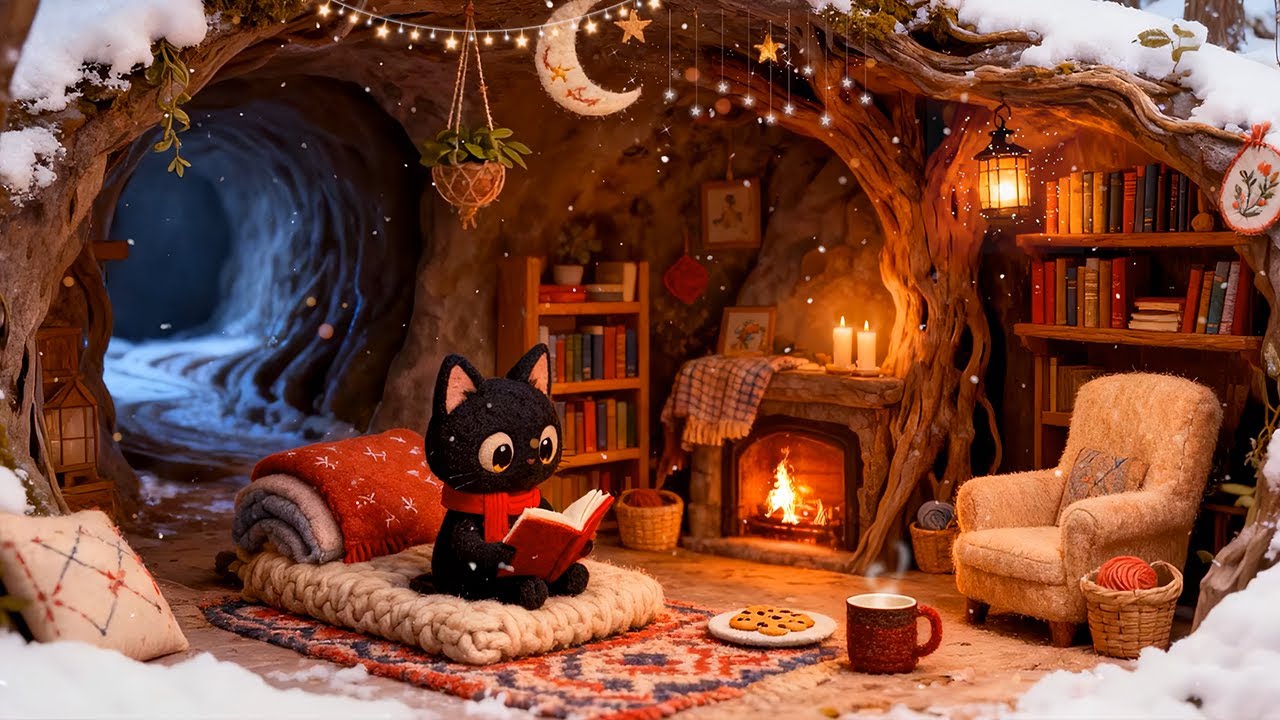 Lofi Cat’s Winter Treehouse Night 🎄 Cozy Winter Lofi ❄️ Peaceful Beats to Unwind
