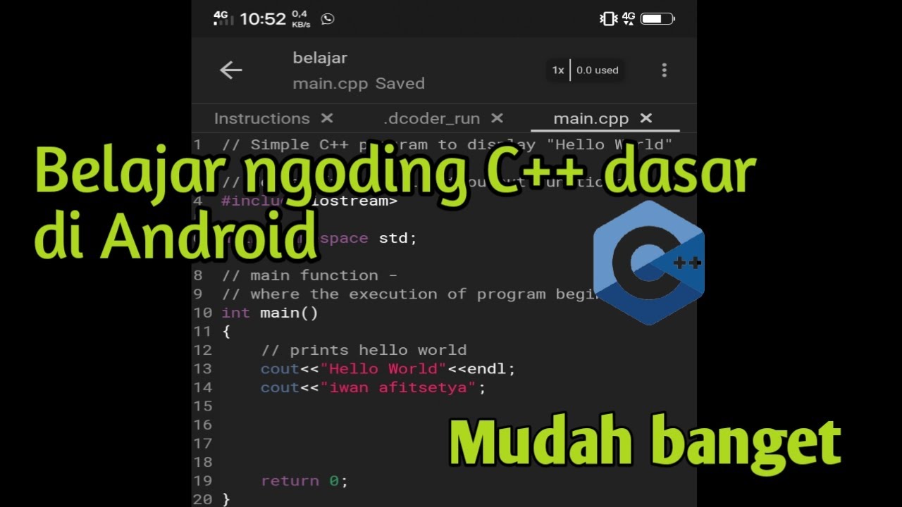 Belajar coding program C++ di android bagi pemula - YouTube