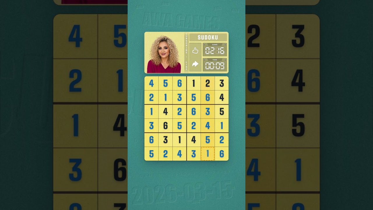 LinkedIn Mini Sudoku #216 solved board for March 15, 2026, 6x6 grid