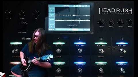 Headrush Looperboard with mandolin, Beatbuddy, Line 6 Helix, and Volca FM.
