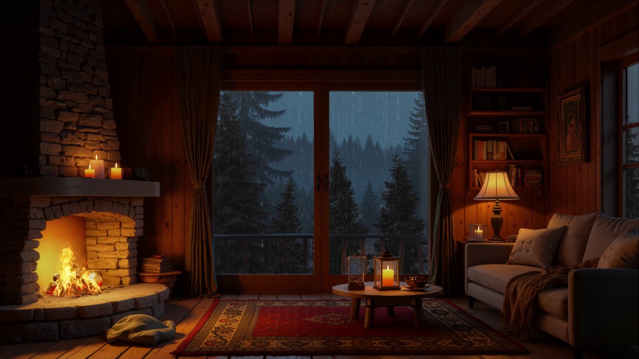 Cozy Cabin with Rain Sounds at Night 🔥 Relaxing Fireplace Sounds for ...