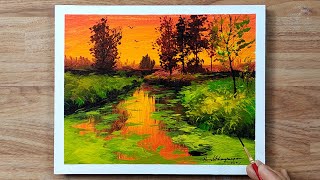 Stream at Sunset / Acrylic Landscape Painting on Paper / Hamlet Shougrakpam Art