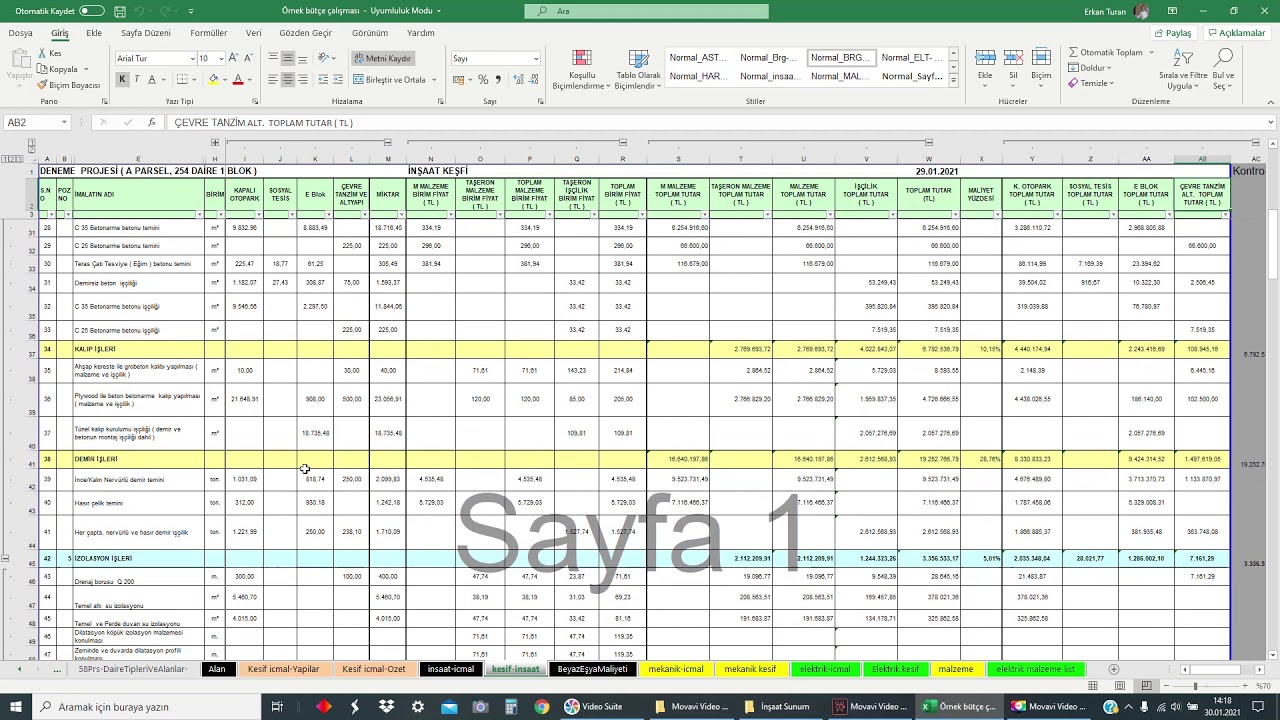 254 Dairelik bir konut projesinin gerçek maliyetinin hesaplanması